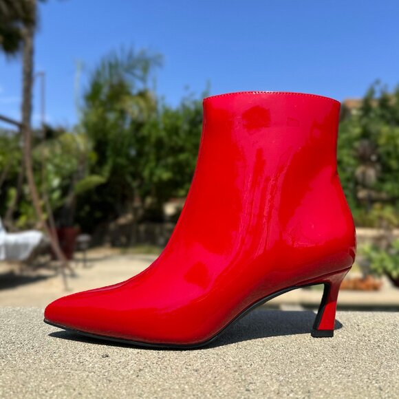 New True Red Pointed Toe Kitten Low Heel Ankle Boots Booties Faux Patent Leather - Picture 4 of 7